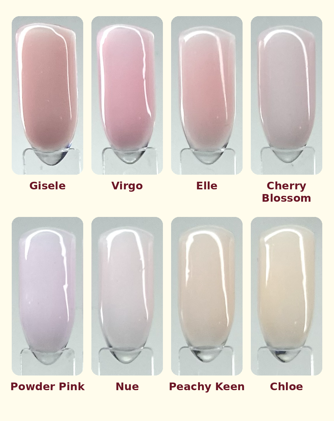 Builder gel colour options: Gisele, Virgo, Elle, Cherry Blossom, Powder Pink, Nue, Peachy Keen, Chloe