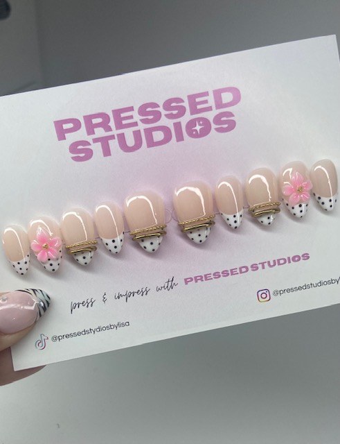 Dotted Blossom French press-on nail set with white dotted French tips and pink 3D flowers