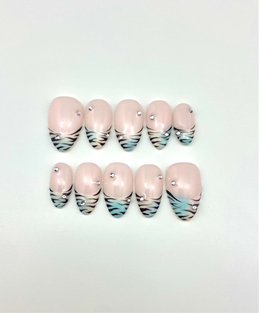 Teal Zebra French press-on nail set with crystal accents